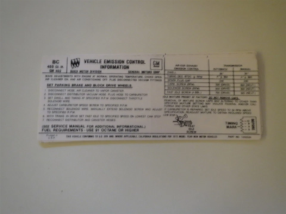 Buick Century Regal Electra Lesabre 455 1973 4BBL calcomanía de emisiones del motor Foto 1 de 1