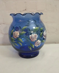 Vintage Hand Painted Cobalt Blue Glass Ruffle Edge Pink Roses Fishbowl Vase - Picture 1 of 6