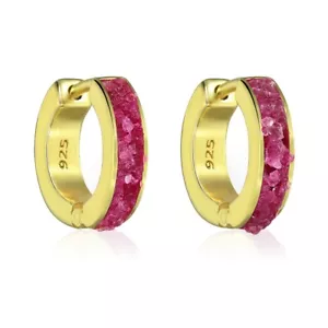 14K Gold Plated Sterling Silver Genuine Raw Ruby 12mm Mini Huggie Hoop Earrings - Picture 1 of 4