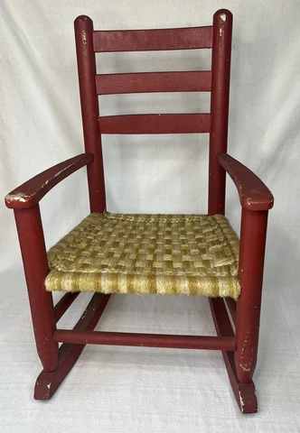 Antique Red Child’s Wooden Rocking Chair with Yellow Yarn Woven Seat Cover