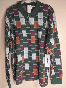 OBEY Urban Outfitters Men's Craft Jacquard Polo LS XL Dark Cedar Multi NWT - Picture 1 of 5
