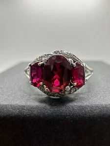 9ct Solid White Gold Trilogy Ruby & Diamond Dress Ring Size N 375 9k Glamorous - Picture 1 of 14