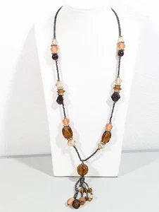 Boho Tribal Amber Color Glass Frosted Tassel Gray Bead Necklace 24 in - Picture 1 of 10