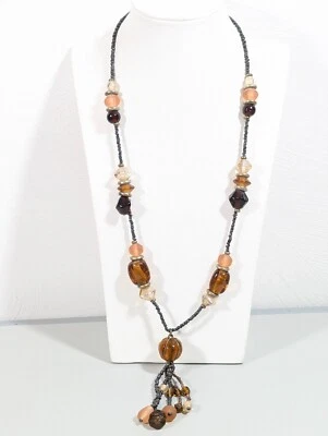 Boho Tribal Amber Color Glass Frosted Tassel Gray Bead Necklace 24 in - Image 1 of 4
