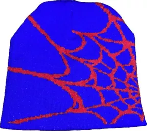Spider Web Design Beanie Royal Blue and Red Skull Cap Skully Stocking Hat Biker - Picture 1 of 2