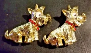2 Scottie Vintage Costume Jewelry Pins Broach Gold Tone Faux Red Gems Googly Eye - Picture 1 of 7