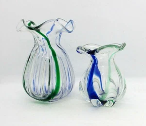 Two Lobed Fluted Clear Glass Vases w/ 2 Stripes of Blue & Green - Picture 1 of 10