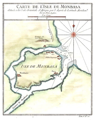 Mombasa Kenia "Carte de l'Isle de la Monbasa" 1740-60 N. BELLIN ORIGINAL Foto 1 de 4