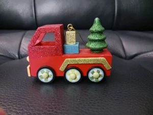 Red Truck And Tree Christmas Ornament, Wood With Glitter - Picture 1 of 10