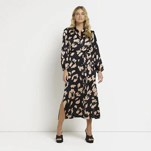 River Island Womens Midi Shirt Dress Black Satin Animal Print Long Sleeve Collar - Picture 1 of 9
