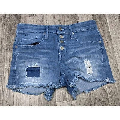 Mossimo 女式 00 码强力弹力高腰纽扣门襟仿旧牛仔裤短裤 — 第 1/4 张图片