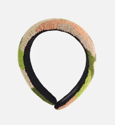 Vintage Headband Handmade Beaded Embellished Tan Coral Green Color Hair India - Image 1 of 4