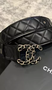 CHANEL NEW QUILTED BLACK LEATHER BELT WITH CC LOGO GOLD BUCKLE Sz 110 - Picture 1 of 21