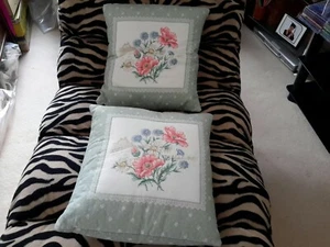 TWO GREEN FLORAL PLUMP CUSHIONS 15 INCHES BY 15 INCHES - Picture 1 of 4