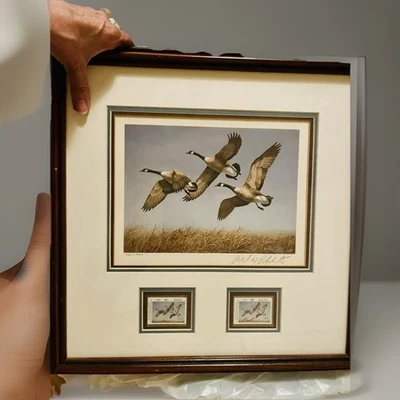 1982 N Dakota Duck  Stamp print and Geese Print  #5601/9939 Richard Plasschaert - Image 1 of 4