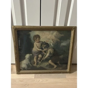 Antiker Druck nach Murillo "Kind Johannes und Christkind" Goldrahmen um 1900 - Bild 1 von 7