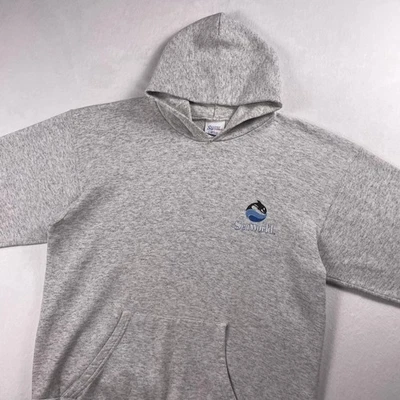 Vtg 90s SeaWorld Shamu Hoodie L Gray Nature Orca Whale Pullover Sweatshirt USA - Image 1 of 4