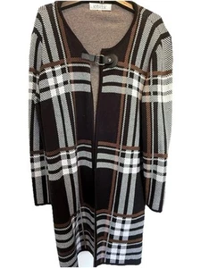 Kasper Large Tan Black Red Tartan Plaid Long Cardigan Sweater Buckle Front Large - Picture 1 of 6