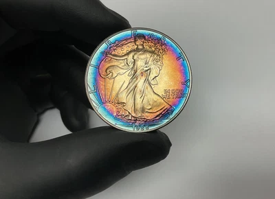 1988 American Silver Eagle 1oz MONSTER Bullseye 🎯 🌈 Toning Toned Toner Rainbow - Image 1 of 4
