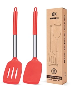 Pack of 2 Silicone Solid Turner, Non Stick Slotted Kitchen Spatulas, High Hea... - Picture 1 of 7
