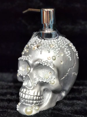 Halloween Silver Skull Pearls Gems Soap Lotion Dispenser 7" Pump Bath Kitchen - Image 1 of 4