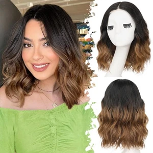 Ombre Brown Short Wavy Wig for Women Lace Hairline Bob Style Synthetic Heat R... - Picture 1 of 7