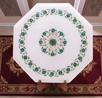 12 Inches Malachite Stone Inlay Side Table for Office White Marble Coffee Table - Image 1 of 4