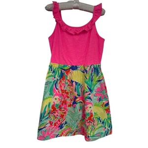 Lilly Pulitzer Girls XL Pink Parrot Print Ruffle Dress Knee Length - AC - Picture 1 of 11