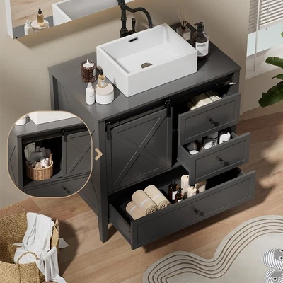 36英寸浴室梳妆台带水槽陶瓷独立柜滑动谷仓门木 — 第 1/4 张图片