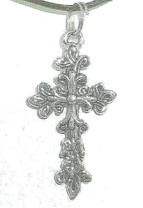 Neu großer schöner verzierter KREUZ silberfarbener Anhänger 18" - 20" schwarze Halskette - Bild 1 von 3