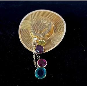 Breite Krempe Sonne Netz Hut Brosche Anstecknadel goldfarben - baumelnde mehrfarbige Kristalle Vintage - Bild 1 von 5