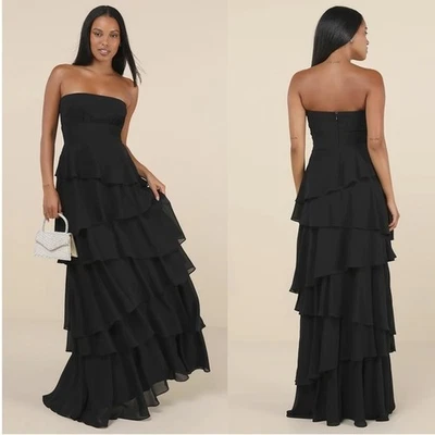 Lulus Gorgeous Essence Black Strapless Tiered Maxi Dress S Bridesmaid Wedding - Image 1 of 4