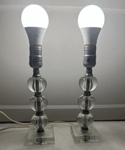 2er Set Vintage geätztes Glas gestapelt Kugel klar Lampen Retro MCM Tischlampe 10,5" - Bild 1 von 17