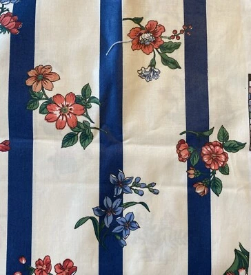 Waverly Fabric Blue Ribbon Stripe Floral Navy White Remnant Flower Show B5 - Image 1 of 4