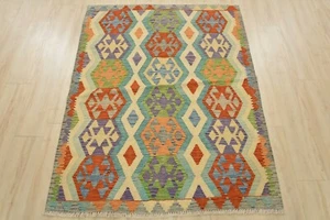 Kilim Rug 4'2'' x 5'5'' Multicolor Wool Tribal Handwoven Oriental Carpet - Picture 1 of 13