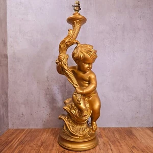 Very Large Vintage Gilt Plaster Cherub & Torch Table Accent Lamp - 78cm Tall - Picture 1 of 24