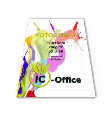 IC-OFFICE 50 Blatt Fotopapier Fotokarten 10x15cm 200g/m² Fotocards glänzend weiß glossy