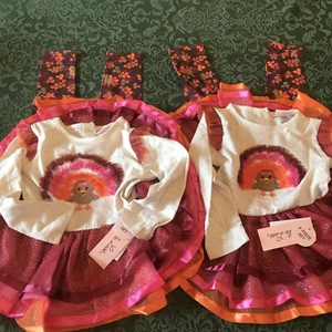 NWT Little Lass TWINS Turkey tutu twirl outfit thanksgiving hanukkah 12 M xmas - Foto 1 di 12