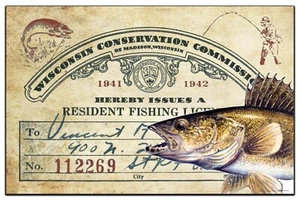 Vintage Wisconsin Angelschein Kunstdruck 11x17 Barsch Zander Köder Wanddeko - Bild 1 von 1