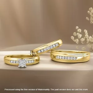 3Ct Round Cut Created VVS Diamond His & Her Trio Ring Set 14K Yellow Gold Finish - Picture 1 of 14