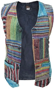 Hombre Top Patchwork Rayas Boho Completo Botón Deslavado Chaleco - Imagen 1 de 4