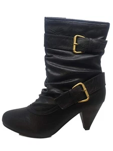 BARRATTS BUCKLE BOOTS MID CALF WOMENS GIRLS BLACK CONE HEELED NEW BIKER Sz 3 4 5