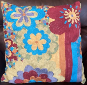 Pier 1 Imports Pillow Embroidered Floral Flowers Red Blue Green Gold 18"X18" - Picture 1 of 17