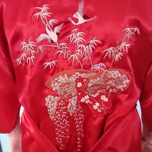 Vintage Asian Robe Red 100% Silk Embroidered Crane Birds Fans XL Mei Gui Long - Picture 1 of 24