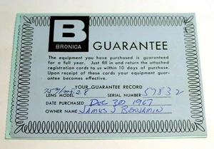 Bronica warranty card 1967 model S2 camera 75mm f2.8 lens vintage - Picture 1 of 5