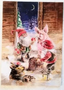 Nordische Weihnachtskarte - Schwedische Norwegische Wichtel füttern ein Schwein - Skandinavische Karte - Bild 1 von 2