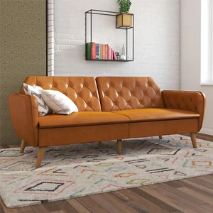 Tallulah Camel Faux Leather Memory Foam Futon for Ultimate Comfort - Picture 1 of 12