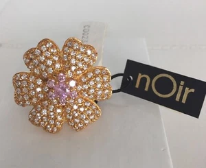 NOIR Large Flower Cocktail Ring Pink CZ Clear Crystal Gold Plate Size 8 NEW - Picture 1 of 4