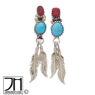 Navaho Türkis Koralle Silber Ohrringe Ohrstecker silver stud earrings - Bild 1 von 4