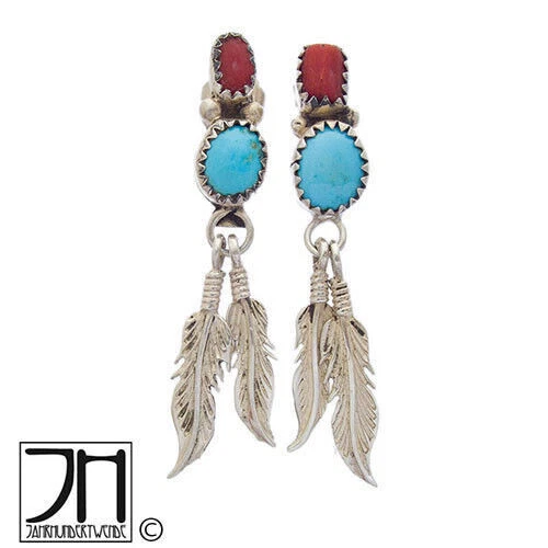 Navaho Türkis Koralle Silber Ohrringe Ohrstecker silver stud earrings - Bild 1 von 4